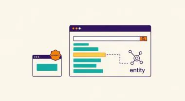 Diagram illustrating semantic SEO concepts with a search bar, entity connections, and an authority badge.