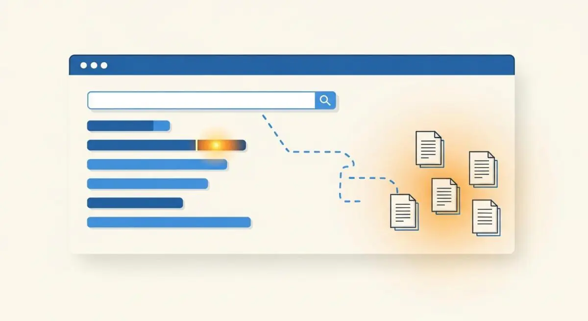 Illustration of a search bar with loading bars and documents, representing semantic search organization.