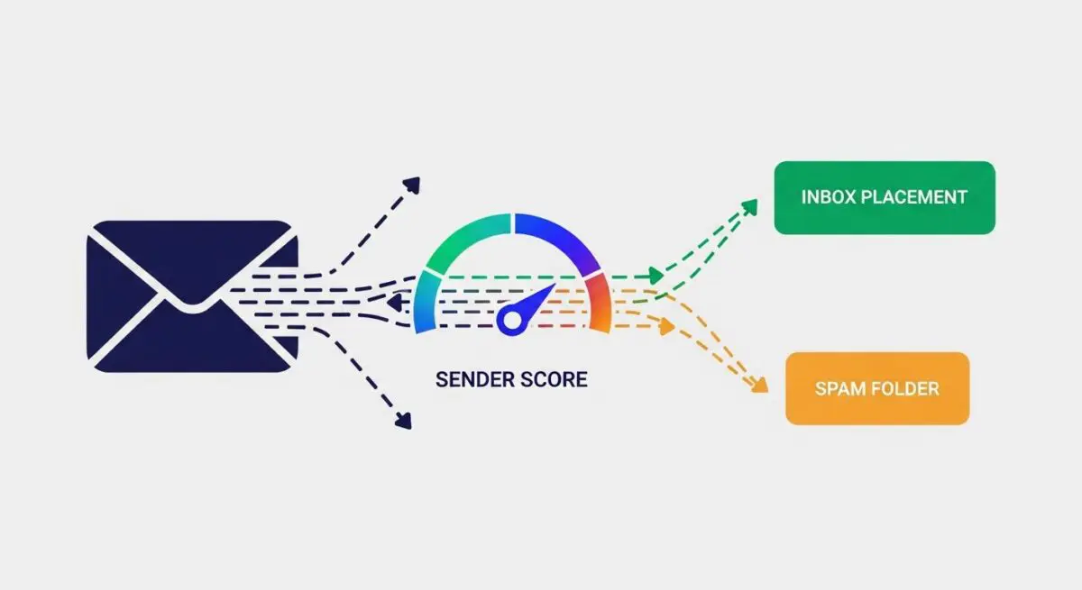 Diagram showing how sender score impacts email inbox placement vs. spam folder.