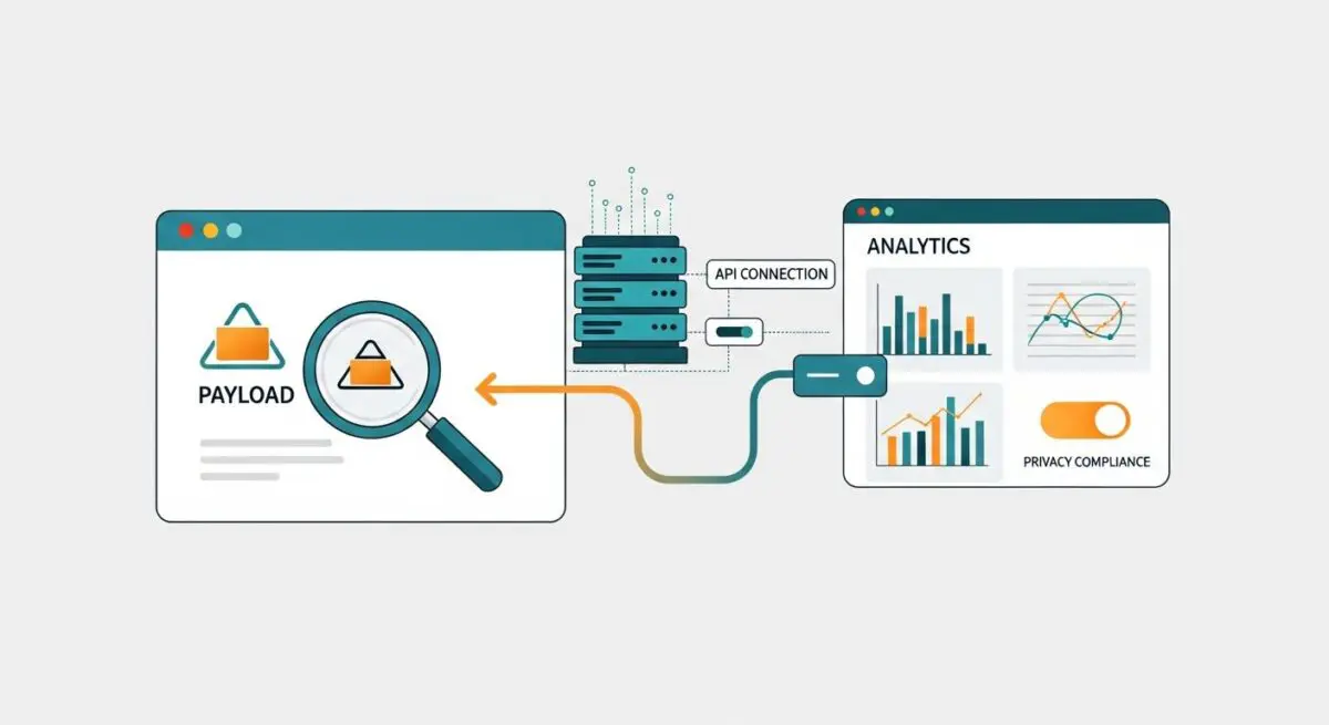 Illustration showing data payload inspection and API connection for server-side tracking analytics.