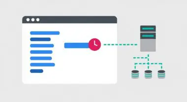 Illustration showing a web browser interface with performance bars and a clock icon, connecting to a server and database cluster. Highlights Server Timing Metrics.