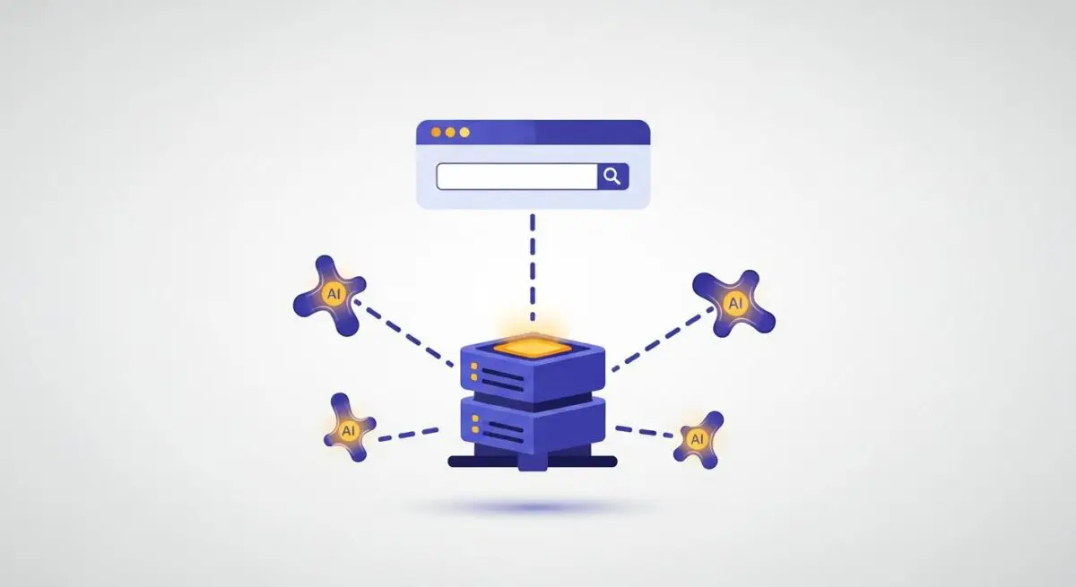 Diagram illustrating serverless architecture with AI nodes connected to a central server and a search interface.