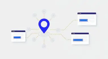 Central blue map pin icon connected to multiple browser windows, symbolizing a Service Area Business (SAB) strategy.