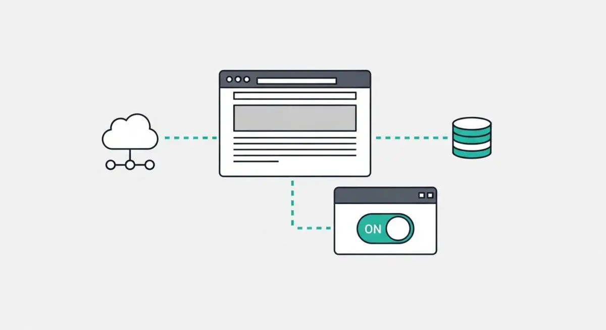 Diagram illustrating cloud connectivity, a web page interface, and a database connected to an activated toggle, representing Service Workers.
