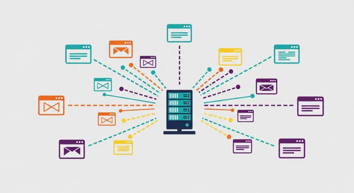 Illustration of a central server connected to multiple browser and email icons, representing shared hosting.