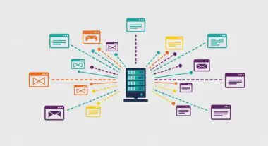 Illustration of a central server connected to multiple browser and email icons, representing shared hosting.