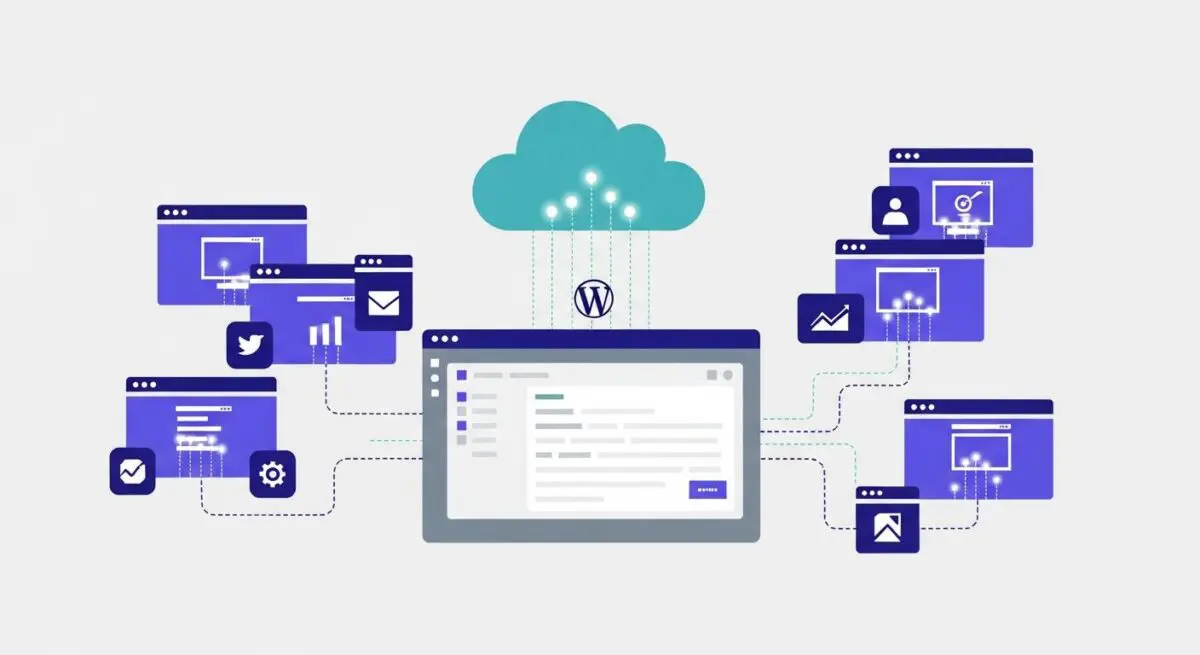 Conceptual illustration of Shifter technology connecting multiple web interfaces to a central cloud.