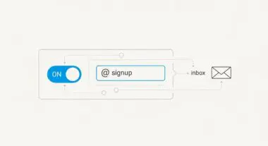 Conceptual graphic showing an 'ON' toggle switch connected to an email signup field, leading to an inbox, illustrating single opt-in.