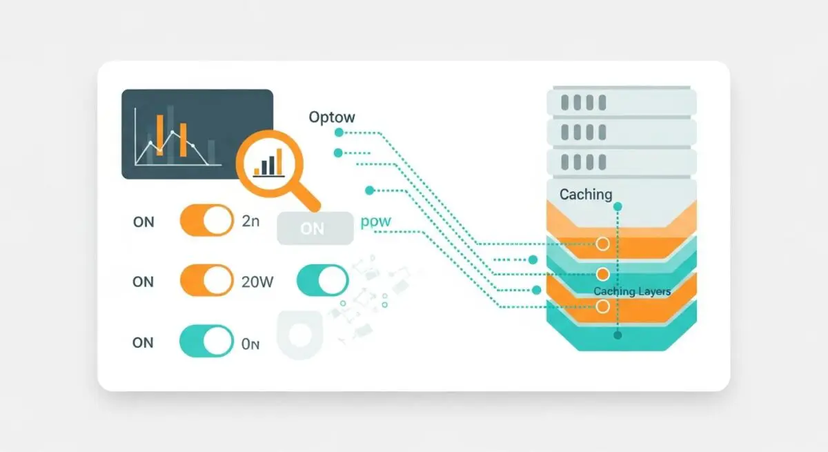 Diagram illustrating SiteGround Optimizer settings and caching layers, with charts and toggles.
