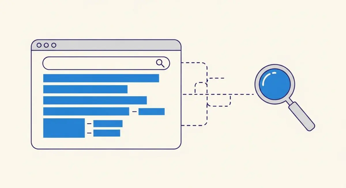 A browser window displaying search results, with dashed lines connecting to a magnifying glass, illustrating sitelinks.