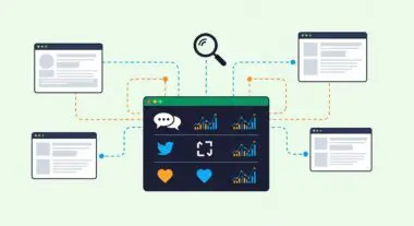 A magnifying glass over a dashboard displaying social media icons and analytics charts, illustrating social monitoring.