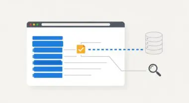 Browser window displaying data bars, a checkmark, and a magnifying glass connecting to a database icon, representing source accuracy.