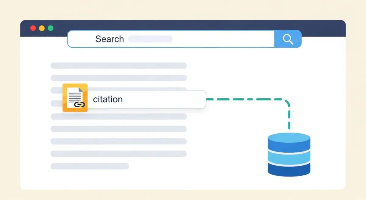 A search result box displays 'citation' with a link icon, connecting to a database icon, illustrating source attribution.
