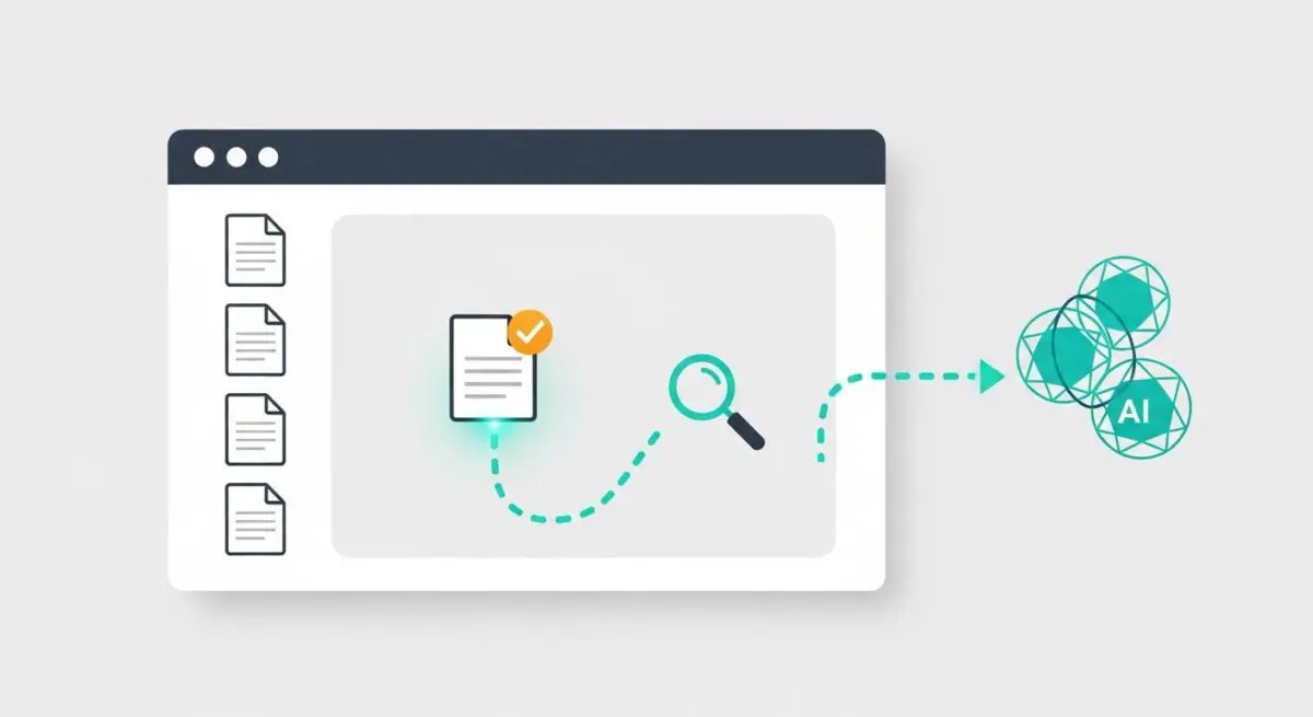 A browser window displays documents being analyzed by a magnifying glass, leading to AI-generated insights, illustrating source credibility.