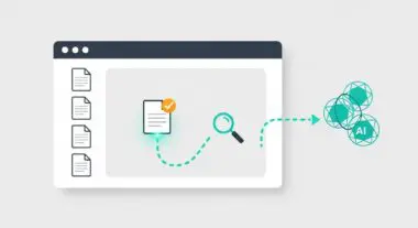 A browser window displays documents being analyzed by a magnifying glass, leading to AI-generated insights, illustrating source credibility.