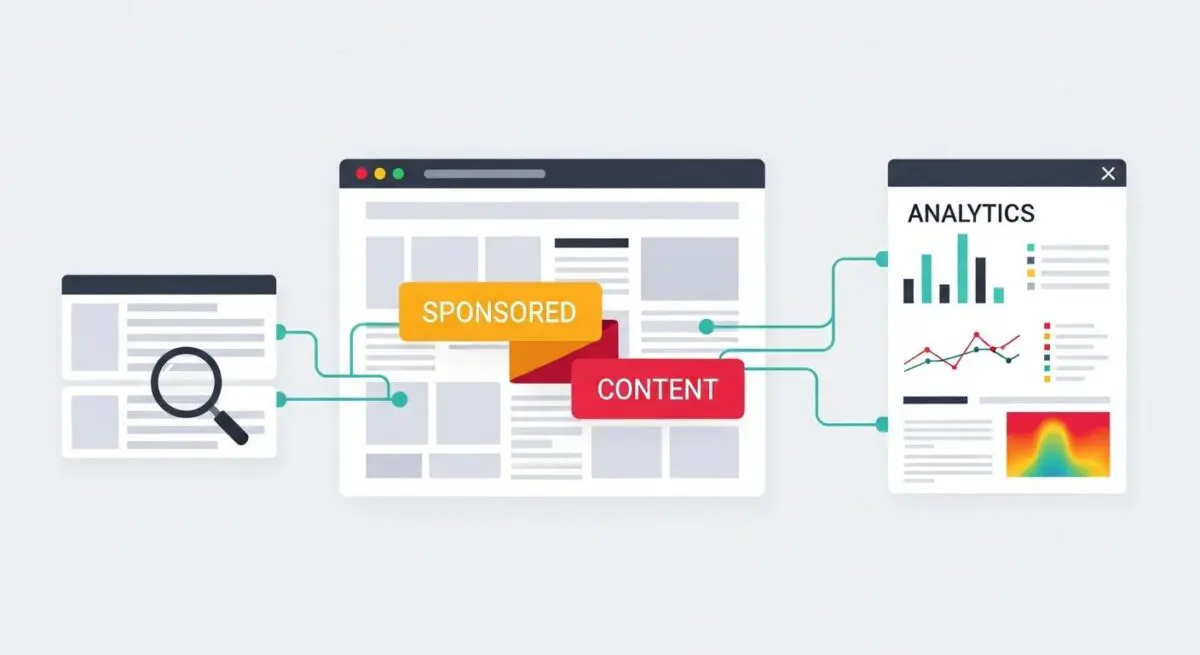 Illustration showing how sponsored content flows from search results to analytics dashboards.