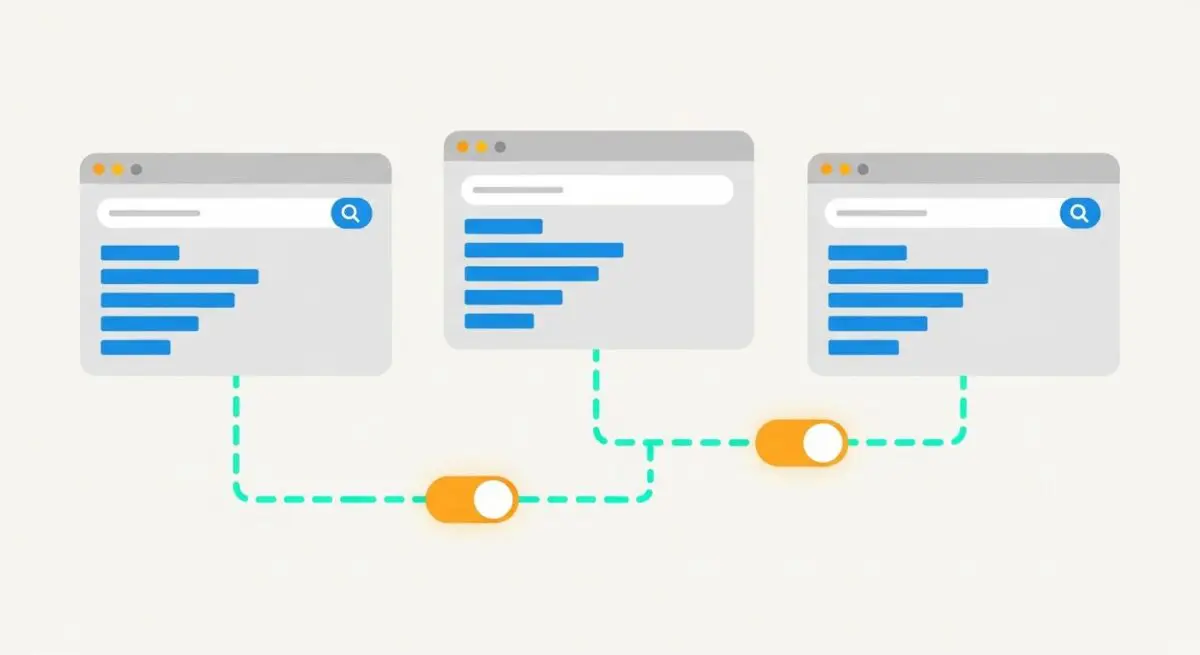Three browser windows showing search results, connected by dashed lines to toggles, representing stateless automation.