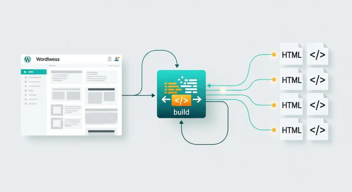 Diagram showing WordPress content feeding into a build process for a Static Site Generator, producing multiple HTML files.