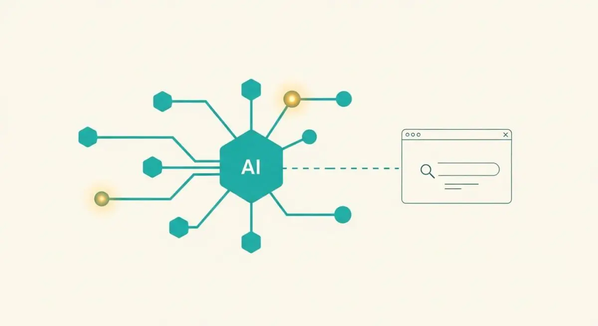 Abstract AI hub connecting to a search bar, illustrating structured ranking.