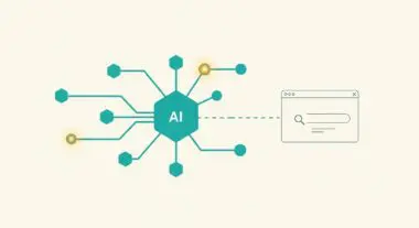 Abstract AI hub connecting to a search bar, illustrating structured ranking.