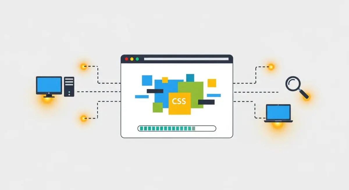Abstract visualization of CSS elements and a loading bar within a browser window, representing style recalculation.