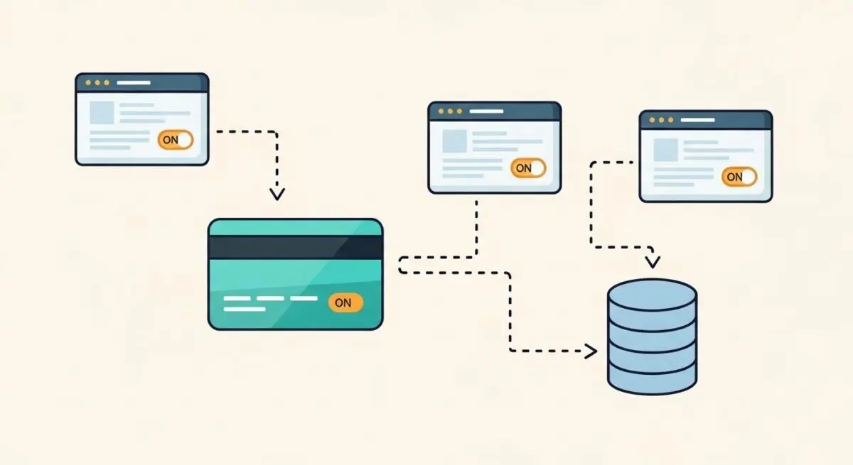 Diagram showing how web interfaces connect to a credit card and database for subscription billing.