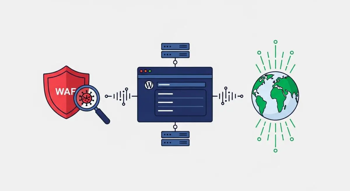 Shield with WAF and virus icon under magnifying glass, representing Sucuri Security protecting a WordPress site.