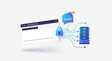 Conceptual graphic showing a lock icon connected to server racks, with a speech bubble displaying 'sudo'.