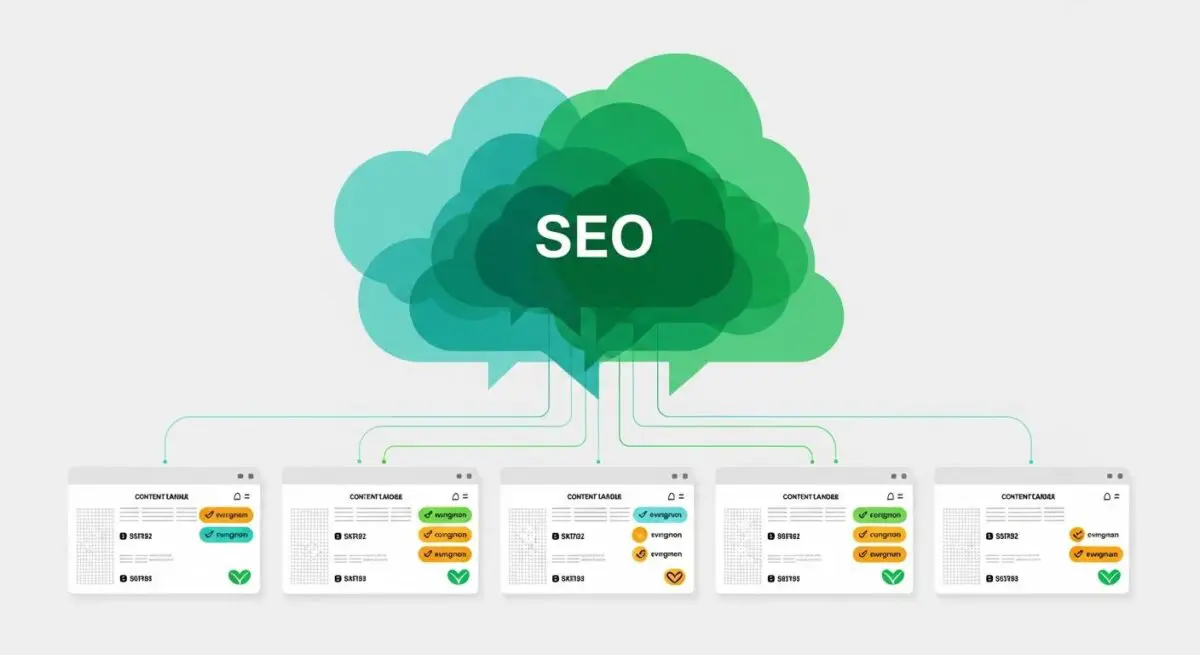 Abstract cloud graphic with 'SEO' inside, connecting to multiple content cards suggesting sustainable content strategy.