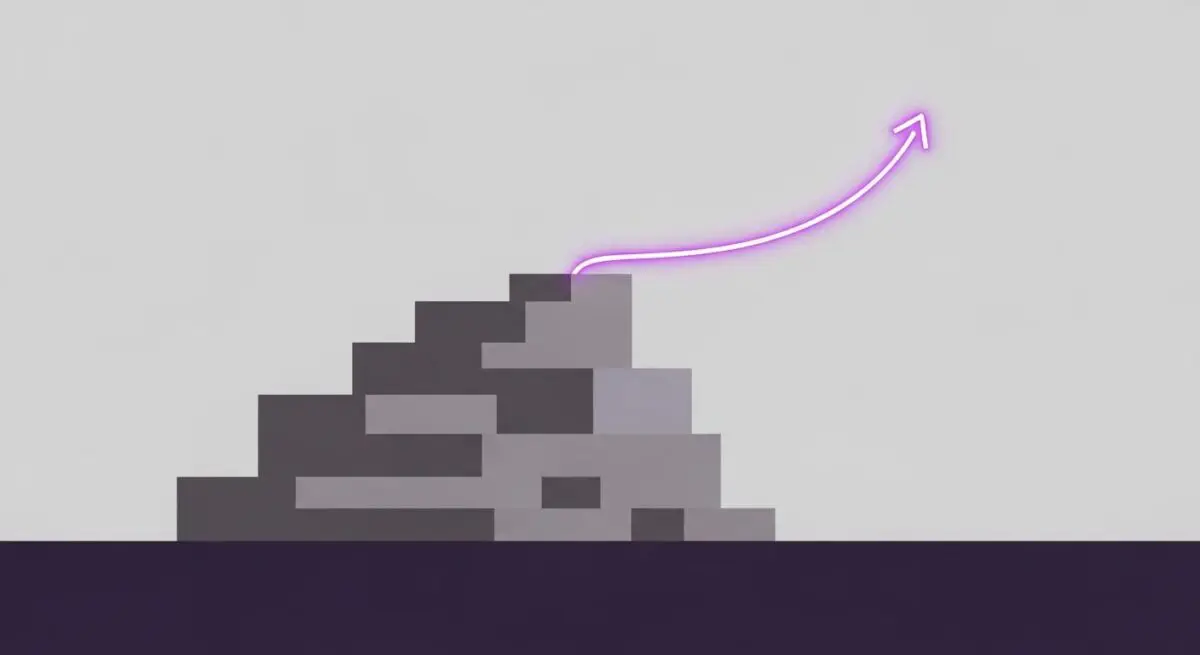 Abstract stairs leading upwards with a glowing purple arrow signifying progress in system prompt development.