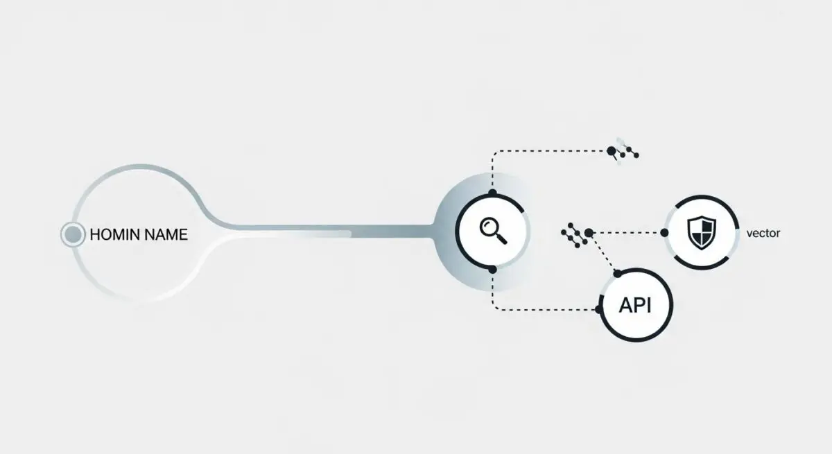 Diagram showing a domain name connecting to a search icon and then to an API and shield icon, illustrating TXT Record lookup.