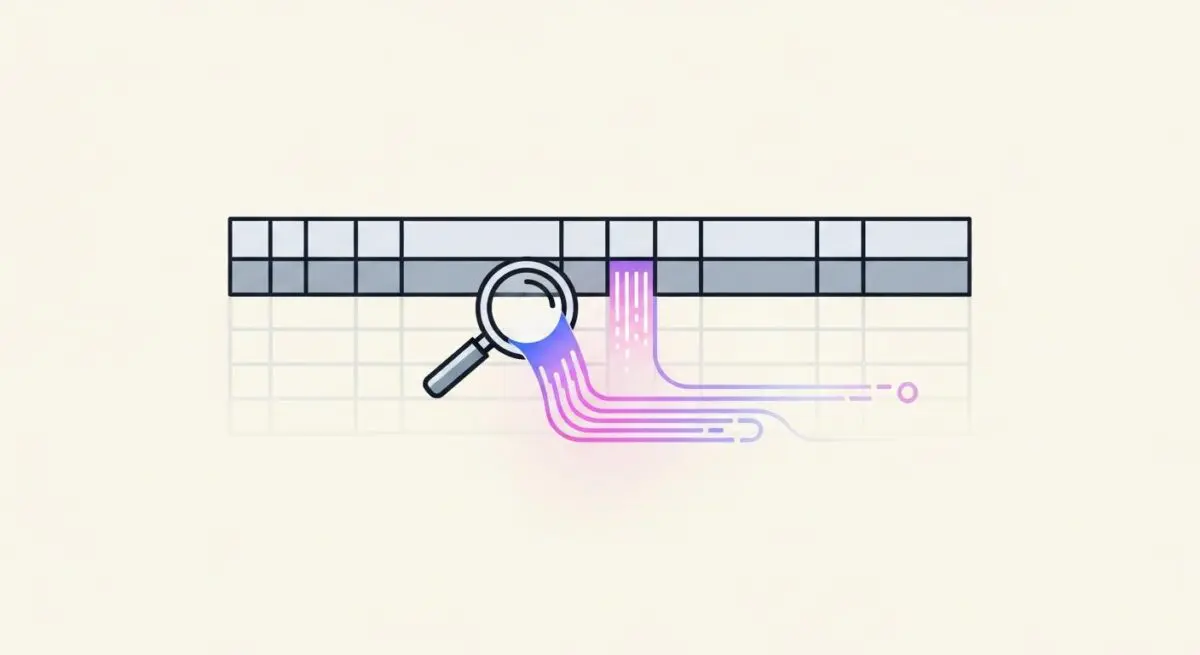 Magnifying glass examining a table grid, symbolizing table indexing and data extraction.
