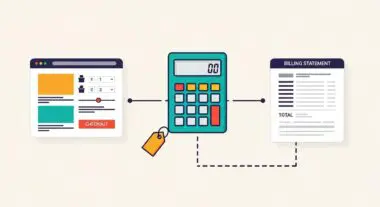 Diagram showing online checkout to calculator to billing statement, symbolizing tax calculation.