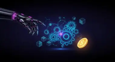 Robotic hand interacting with gears and a dollar coin, illustrating the API economy in FinTech.