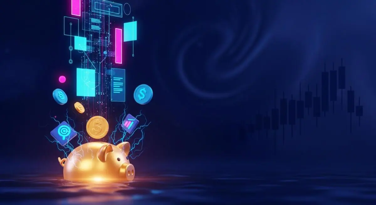 Golden piggy bank with digital finance icons and coins, representing the best FinTech apps for retirement planning.