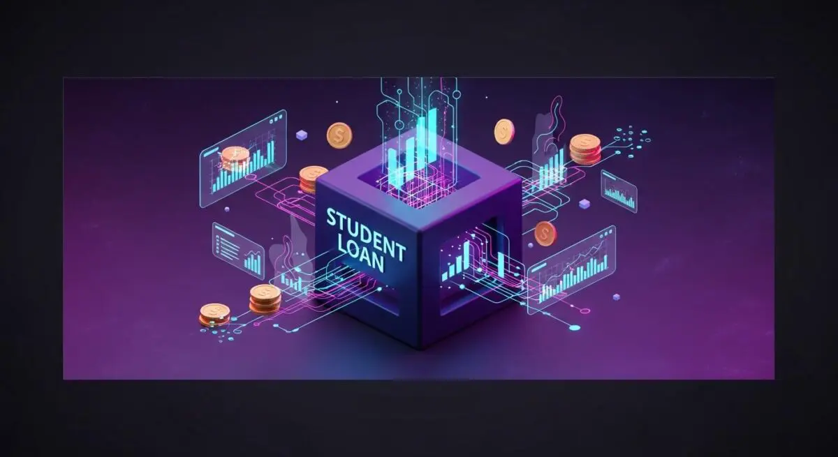 Conceptual visualization of refinancing student loans with data analytics and coins.