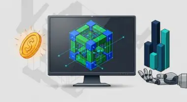Visualizing the best FinTech tools: a digital cube on a screen with a coin and bar chart.