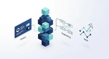 Illustration showing the interconnected roles in a FinTech company: Product, Engineering, and Sales.