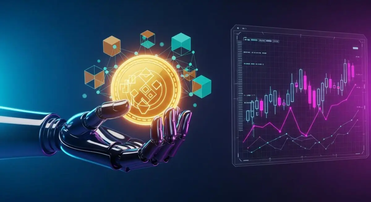 Robotic hand holds a stablecoin against a backdrop of market data, illustrating the future of stablecoins in FinTech.