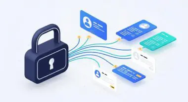 Securing user data in FinTech marketing with a prominent lock and connected profile cards emphasizing trust.