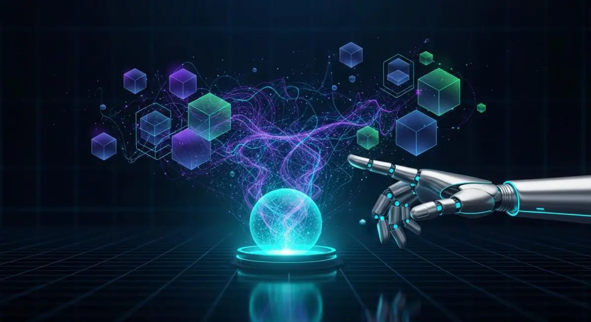Robotic hand points to glowing orb amid digital cubes, representing understanding a FinTech app's privacy policy.