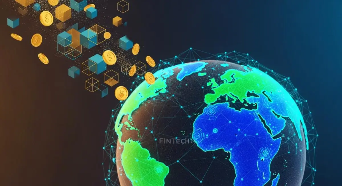 Global FinTech growth illustrated with digital coins and blocks connecting to a network-enhanced Earth.