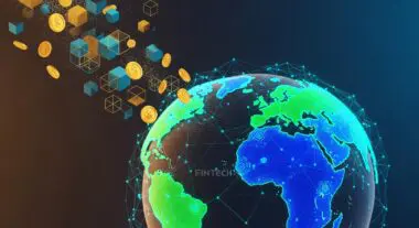 Global FinTech growth illustrated with digital coins and blocks connecting to a network-enhanced Earth.