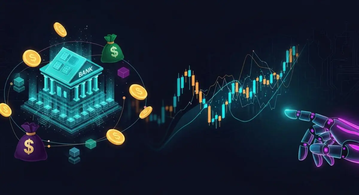 AI robot interacts with financial charts, symbolizing the rise of neobanks and challenger banks.