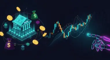 AI robot interacts with financial charts, symbolizing the rise of neobanks and challenger banks.