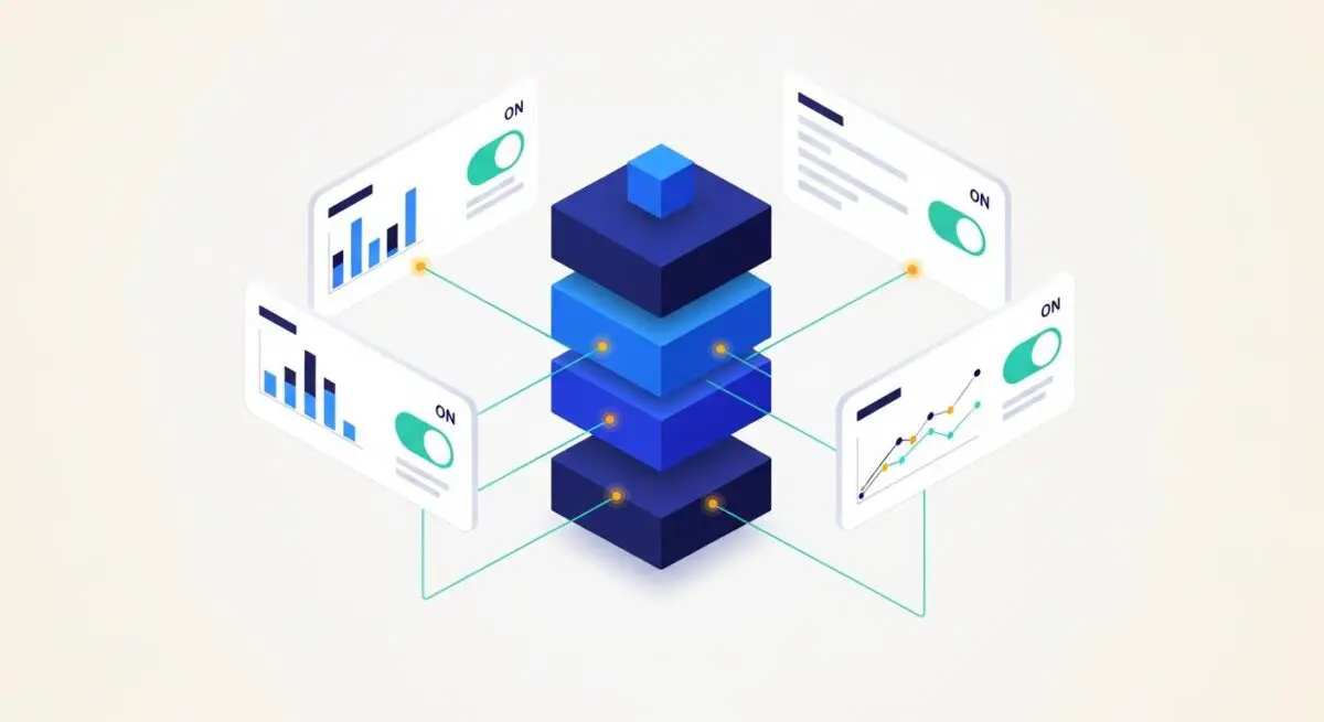 Isometric illustration of a FinTech stack with charts and toggles, representing the ultimate Fin-tech stack for a team player.