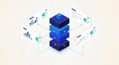 Isometric illustration of a FinTech stack with charts and toggles, representing the ultimate Fin-tech stack for a team player.