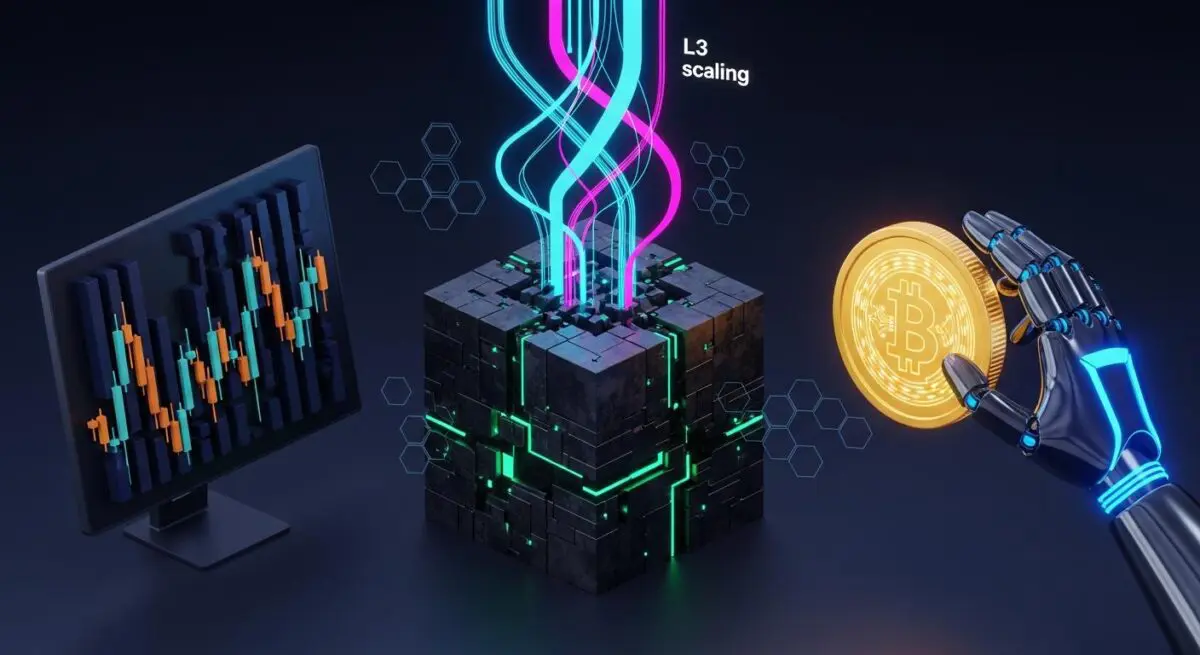 Robotic hand holding Bitcoin, a central cube with L3 scaling, and a trading chart, representing the ultimate Fin-tech stack.