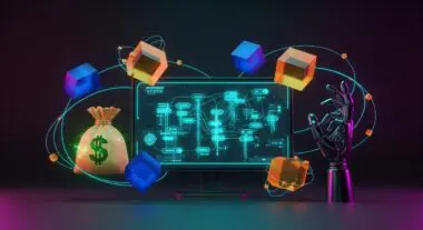 Robotic hand near a monitor displaying a FinTech stack, with a money bag and abstract cubes.