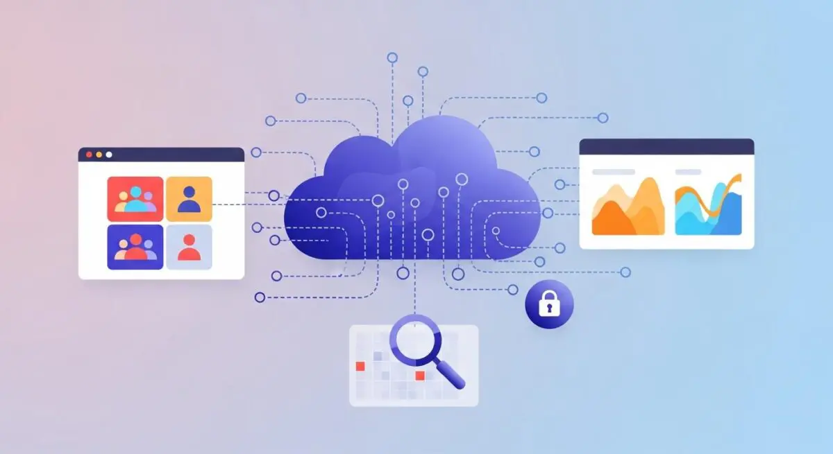 Abstract illustration of a cloud connected to user profiles, data analytics, and a magnifying glass, representing third-party data.